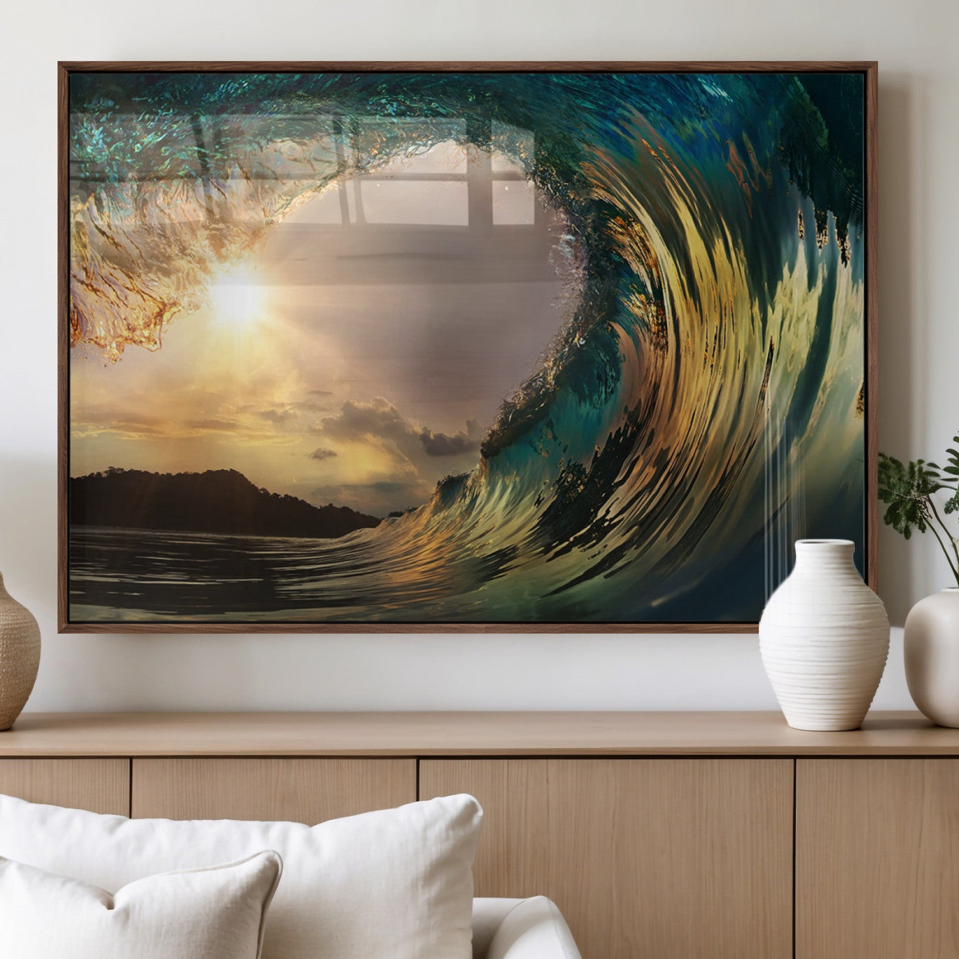 38256-MGV-FP-60X30-3P_Walnut-Ocean Wave Wall Art – Stunning Sunrise Through Curling Wave Canvas Print, Coastal Surf Photography Seascape Decor for Living Room,