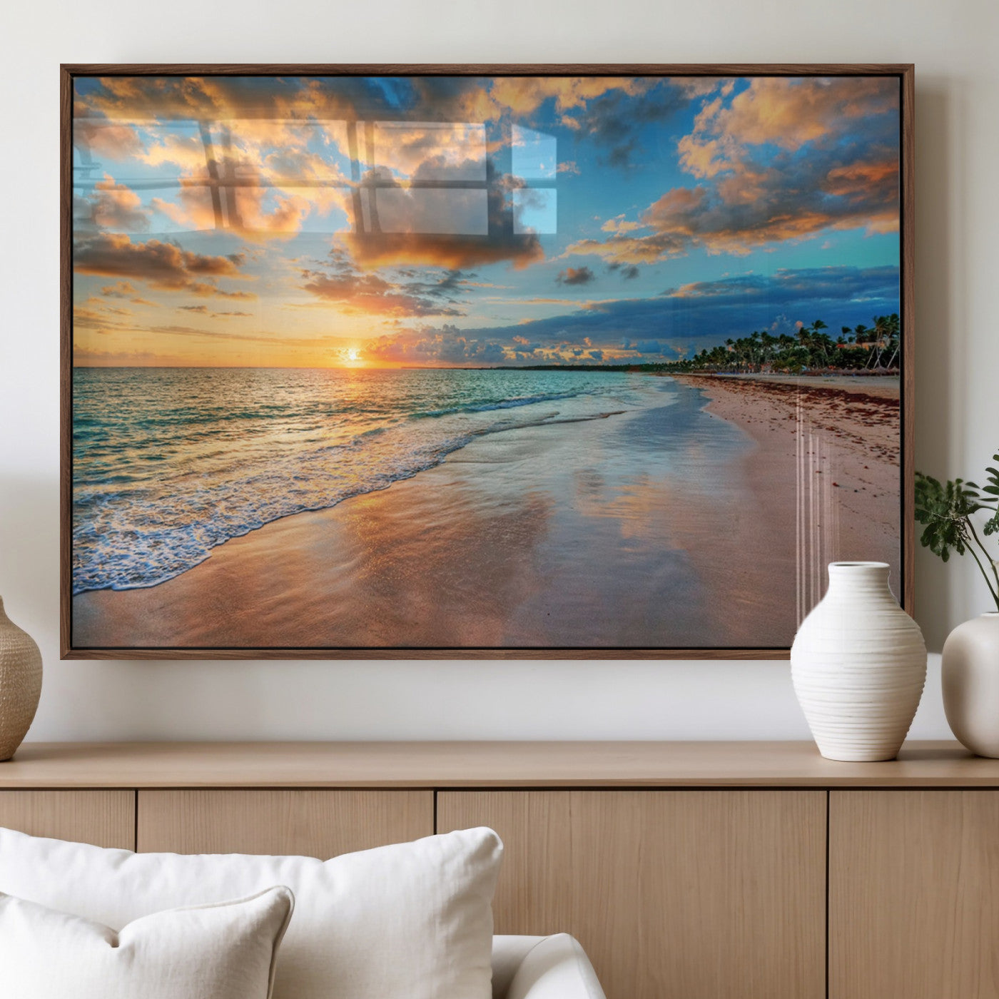 41572-MGV-FP-60X30-3P_Walnut-Sunset Beach Wall Art – Ocean Waves and Palm Trees Canvas Print, Tropical Coastal Sunset Seascape Decor for Living Room, Bedroom
