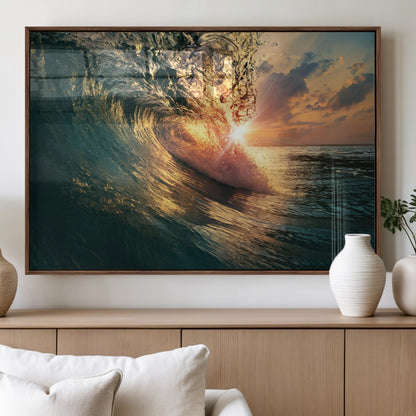55359-MGV-FP-60X30-3P_Walnut-Radiant Ocean Wave Wall Art – Panoramic Surf Canvas Print, Vibrant Sunset Beach Decor for Home, Office or Man Cave
