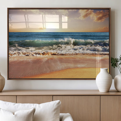 79005-MGV-FP-60X30-3P_Walnut-Golden Sunrise Ocean Waves Wall Art – Panoramic Seashore Canvas Print, Calming Coastal Decor for Home, Office or Relaxation Space