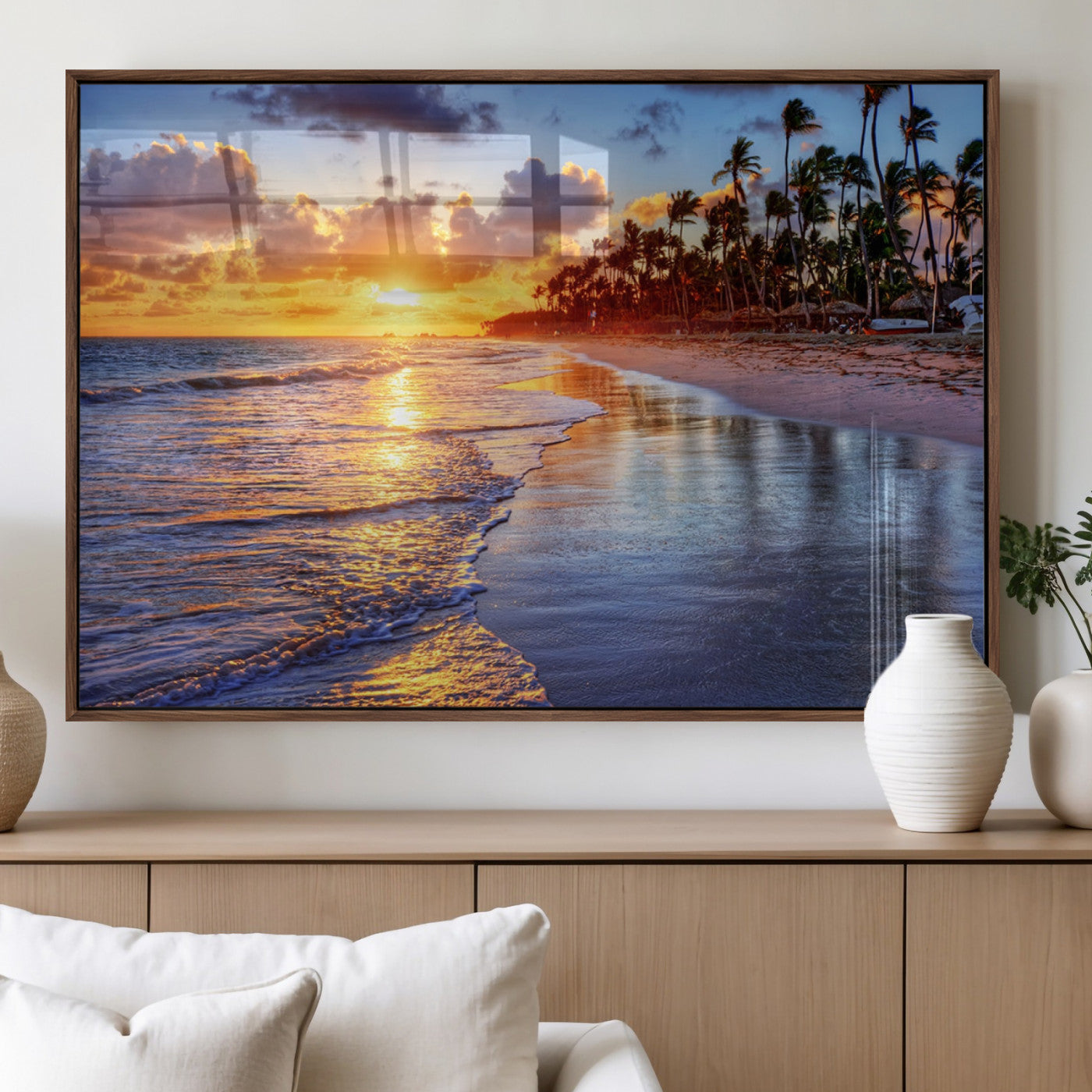 19917-MGV-FP-60X30-3P_Walnut-Tropical Sunset Beach Wall Art – Panoramic Palm Trees and Ocean Canvas Print, Vibrant Coastal Decor for Living Room, Office or Man