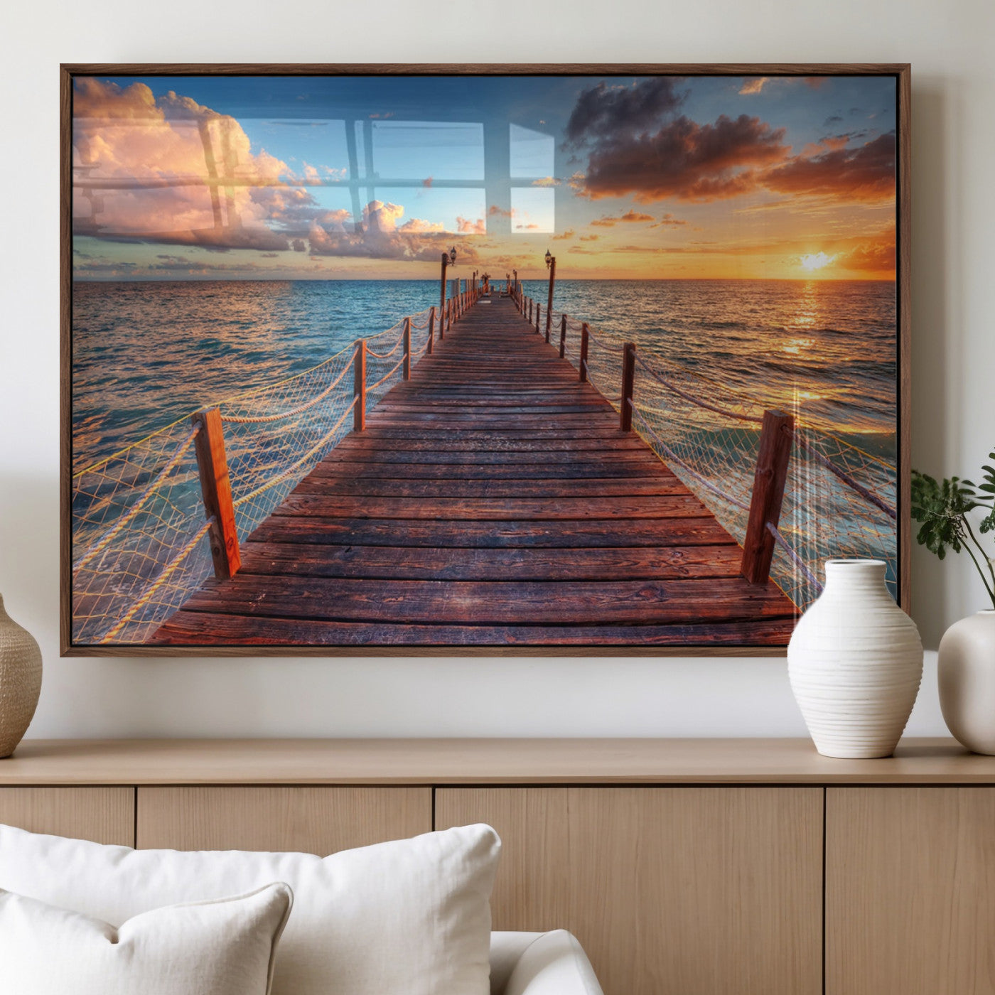 28836-MGV-FP-60X30-3P_Walnut-Ocean Pier Sunset Wall Art – Wooden Dock and Golden Horizon Canvas Print, Coastal Seascape Photography for Living Room, Bedroom,