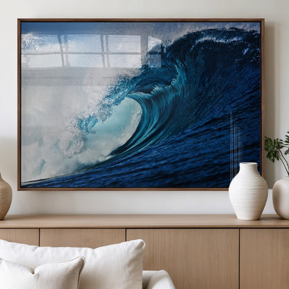 89502-MGV-FP-60X30-3P_Walnut-Powerful Ocean Wave Wall Art – Panoramic Blue Sea Wave Canvas Print, Coastal Surf Photography Artwork for Living Room, Bedroom, or