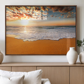 15399-MGV-FP-60X30-3P_Walnut-Golden Sunrise Beach Wall Art – Ocean Waves on Sandy Shore Canvas Print, Coastal Seascape Decor for Living Room or Bedroom