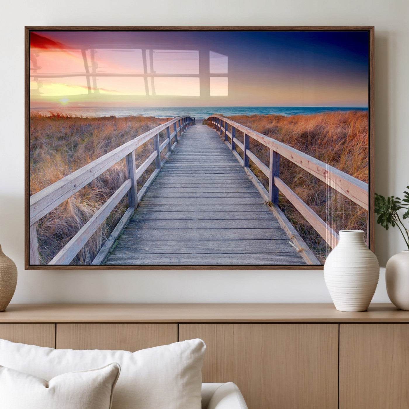 60625-MGV-FP-60X30-3P_Walnut-Beach Boardwalk Sunrise Wall Art – Coastal Pathway to Ocean Canvas Print, Seaside Landscape Decor for Home or Office