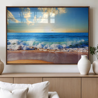 50522-MGV-FP-60X30-3P_Walnut-Ocean Sunrise Wall Art – Peaceful Beach Waves and Golden Horizon Canvas Print, Coastal Seascape Decor for Home or Office