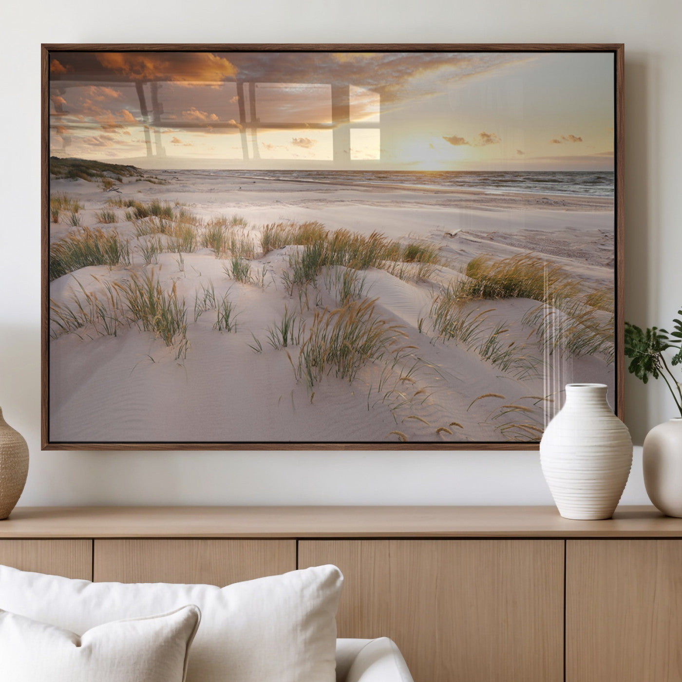 61246-MGV-FP-60X30-3P_Walnut-Coastal Sand Dunes Wall Art – Serene Beach Sunset Canvas Print with Grasses and Ocean View, Tranquil Seaside Decor for Living Room