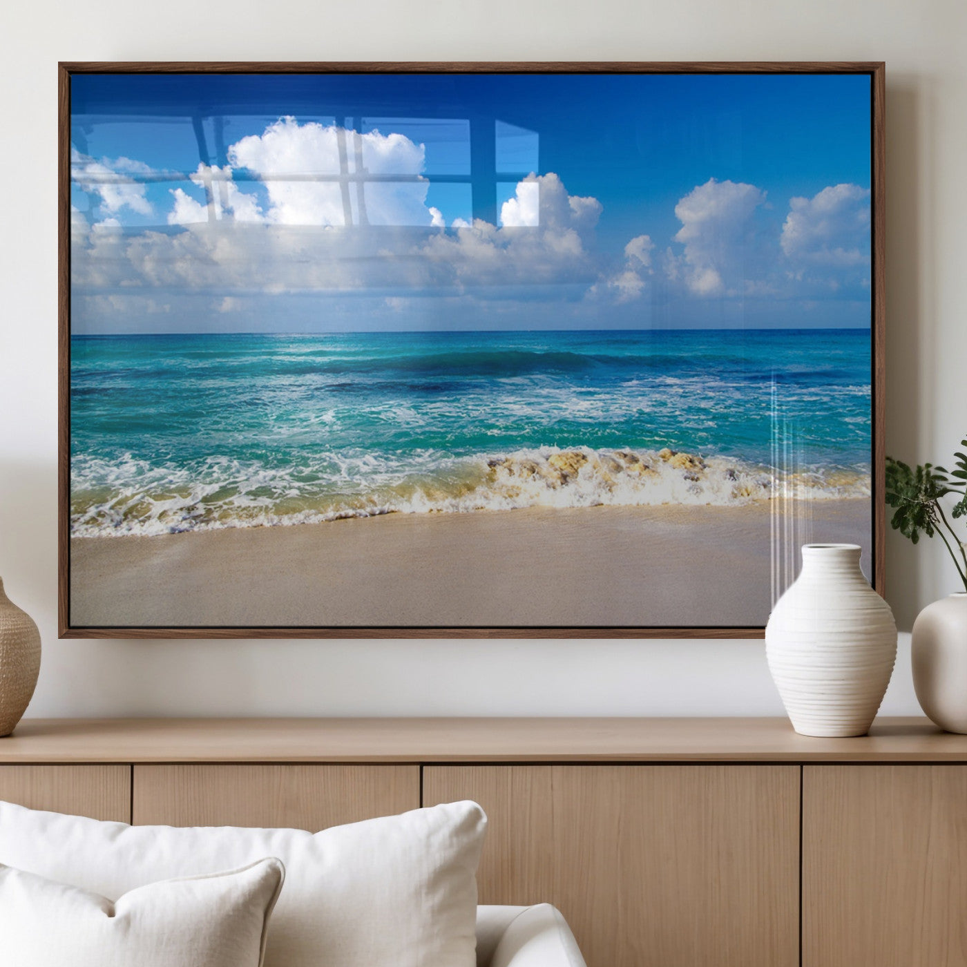 60364-MGV-FP-60X30-3P_Walnut-Tropical Ocean Wave Wall Art – Serene Blue Sea and White Sand Beach Canvas Print, Coastal Landscape Decor for Living Room, Bedroom
