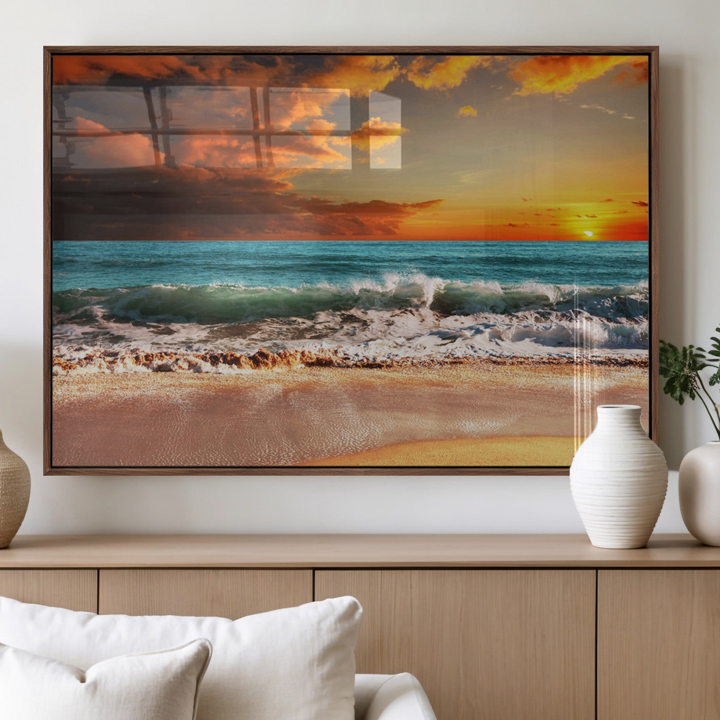 72948-MGV-FP-60X30-3P_Walnut-Ocean Sunset Wave Wall Art – Dramatic Seascape Canvas Print with Golden Sky and Crashing Waves, Coastal Beach Decor for Living