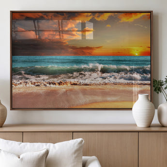 72948-MGV-FP-60X30-3P_Walnut-Ocean Sunset Wave Wall Art – Dramatic Seascape Canvas Print with Golden Sky and Crashing Waves, Coastal Beach Decor for Living