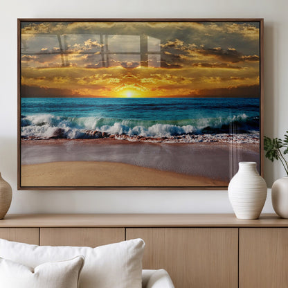 83389-MGV-FP-60X30-3P_Walnut-Ocean Sunrise Wall Art – Vibrant Beach Waves Canvas Print, Coastal Seascape Decor for Living Room or Office