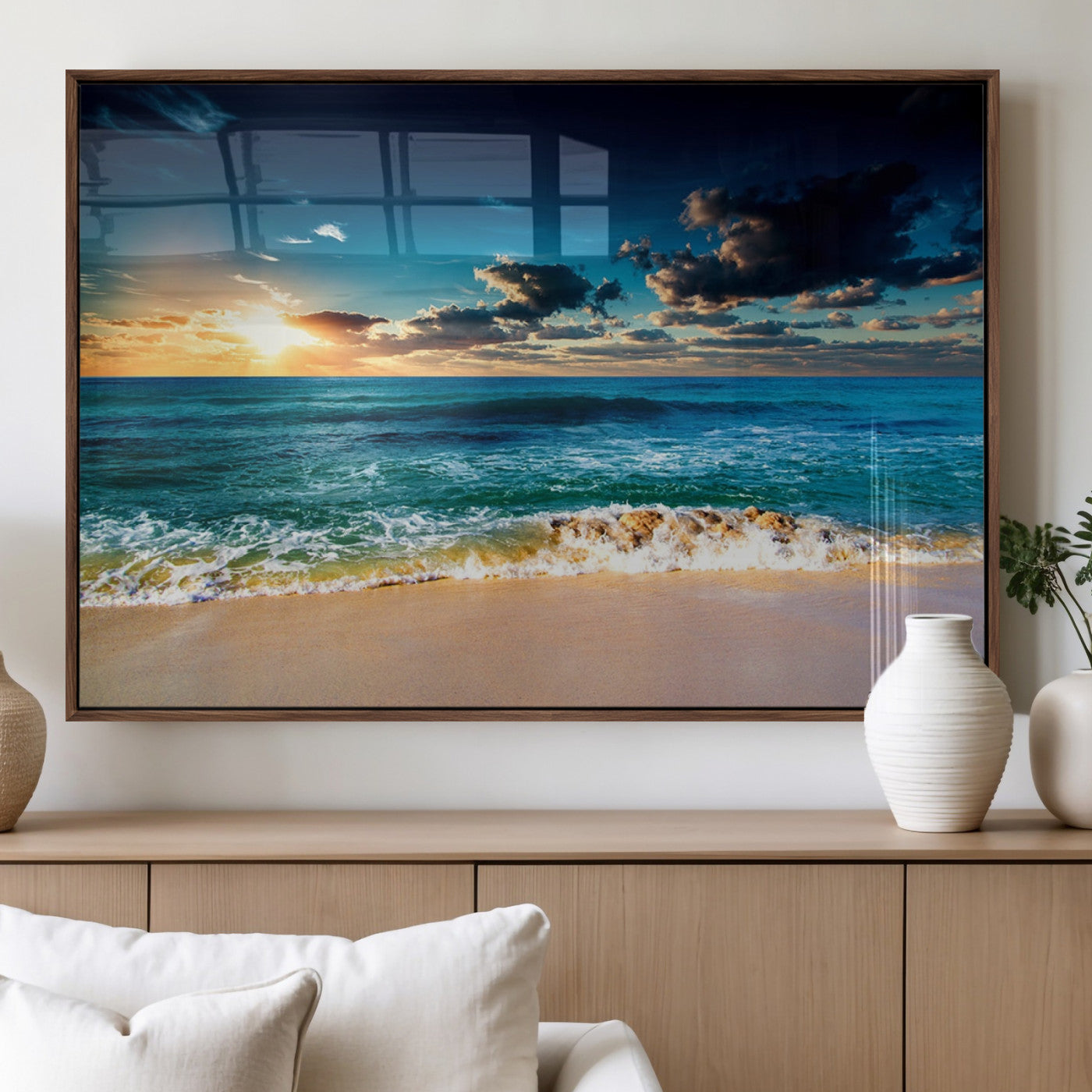 88985-MGV-FP-60X30-3P_Walnut-Ocean Sunset Wall Art – Tranquil Beach Waves Canvas Print, Coastal Seascape Decor for Living Room or Office