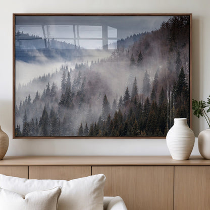 18459-MGV-FP-60X30-3P_Walnut-Misty Pine Forest Wall Art – Serene Mountain Landscape Canvas Print, Tranquil Nature Artwork for Living Room, Bedroom, Cabin or