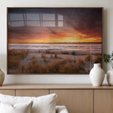 90176-MGV-FP-60X30-3P_Walnut-Beach Sunset Wall Art – Coastal Sand Dune Canvas Print with Ocean Waves and Dramatic Sky, Seaside Landscape Decor for Living Room