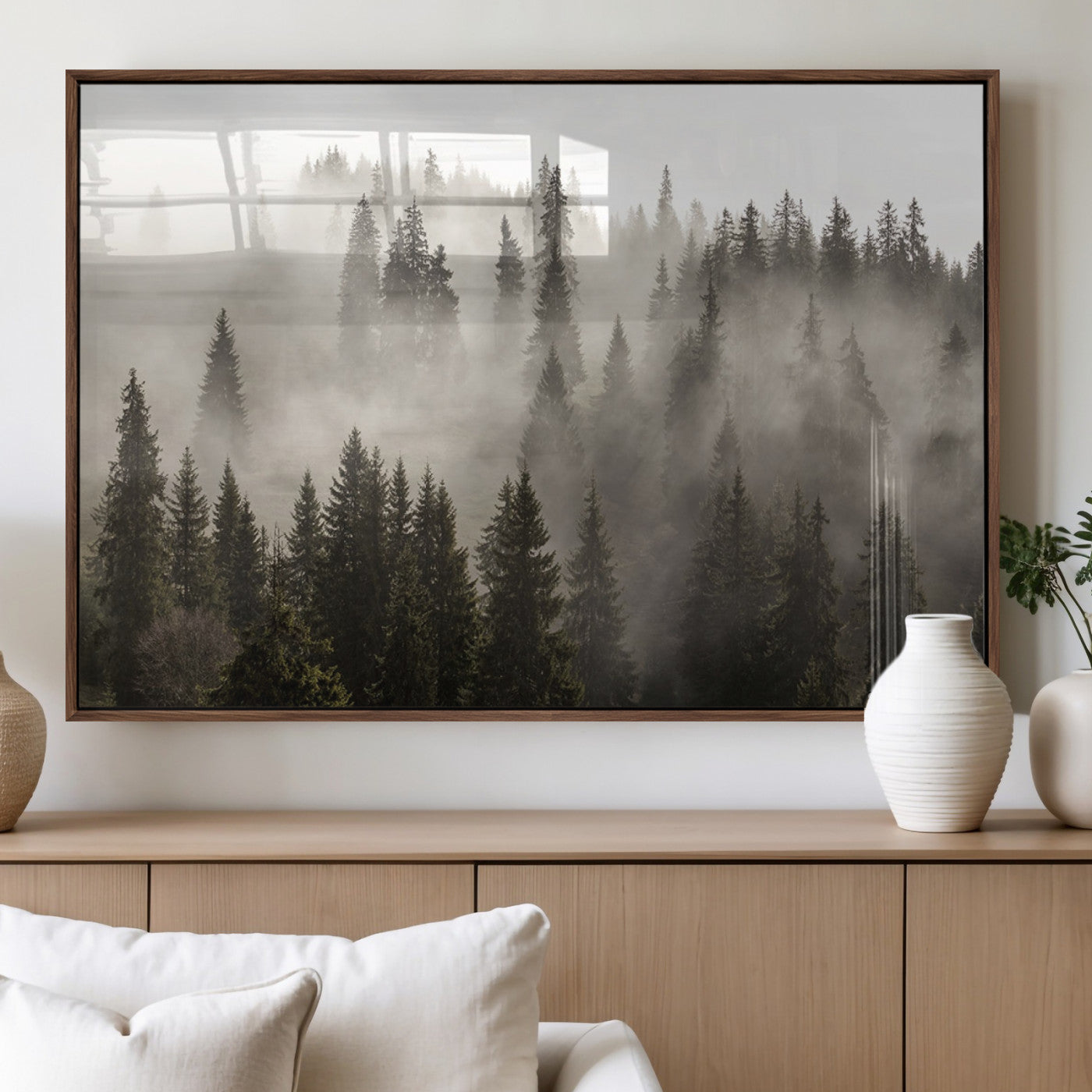 62862-MGV-FP-60X30-3P_Walnut-Misty Forest Wall Art – Tranquil Pine Tree Canvas Print with Mountain Fog, Nature Landscape Artwork for Living Room, Bedroom, or