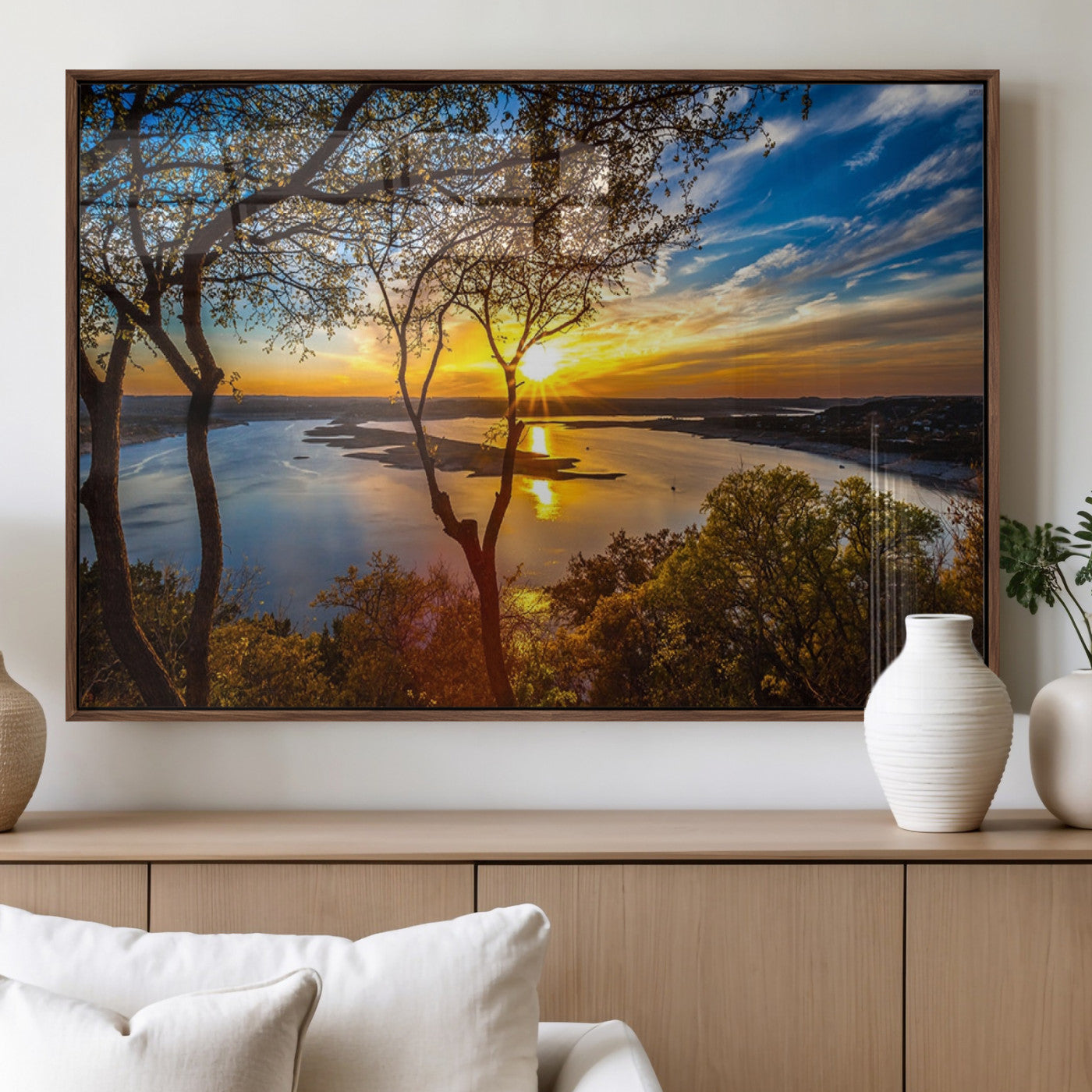66839-MGV-FP-60X30-3P_Walnut-Lake Sunset Wall Art – Golden Hour Canvas Print with Trees and Water Reflection, Scenic Landscape Photography for Living Room,