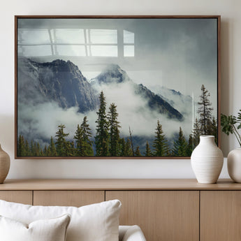 93219-MGV-FP-60X30-3P_Walnut-Misty Mountain Wall Art – Foggy Pines and Rocky Peaks Canvas Print, Nature Landscape Decor for Living Room, Office or Bedroom