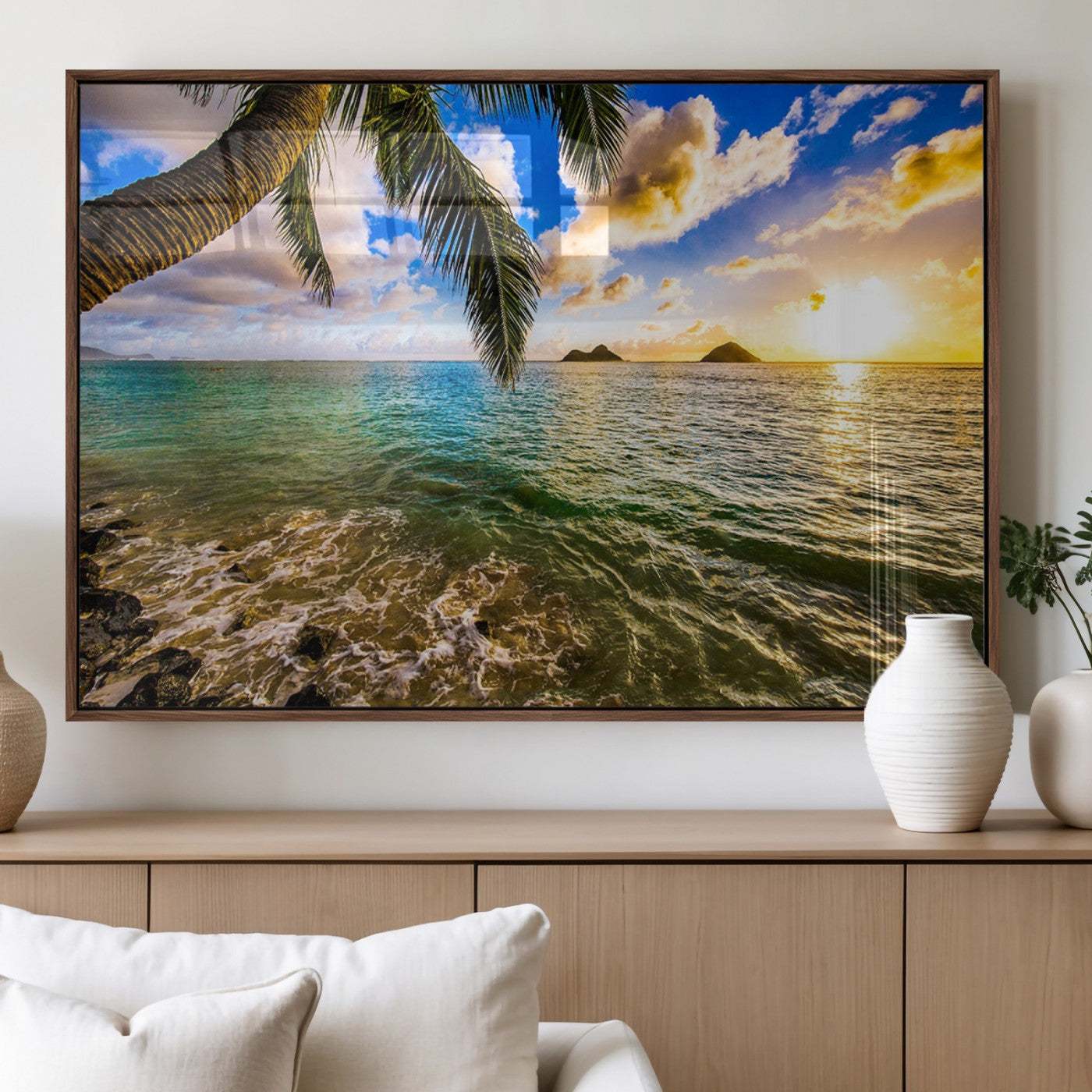 68606-MGV-FP-36X24-3P_Walnut-Tropical Palm Tree Ocean Wall Art – Sunset Beach Seascape Print, Coastal Paradise Decor for Living Room or Office
