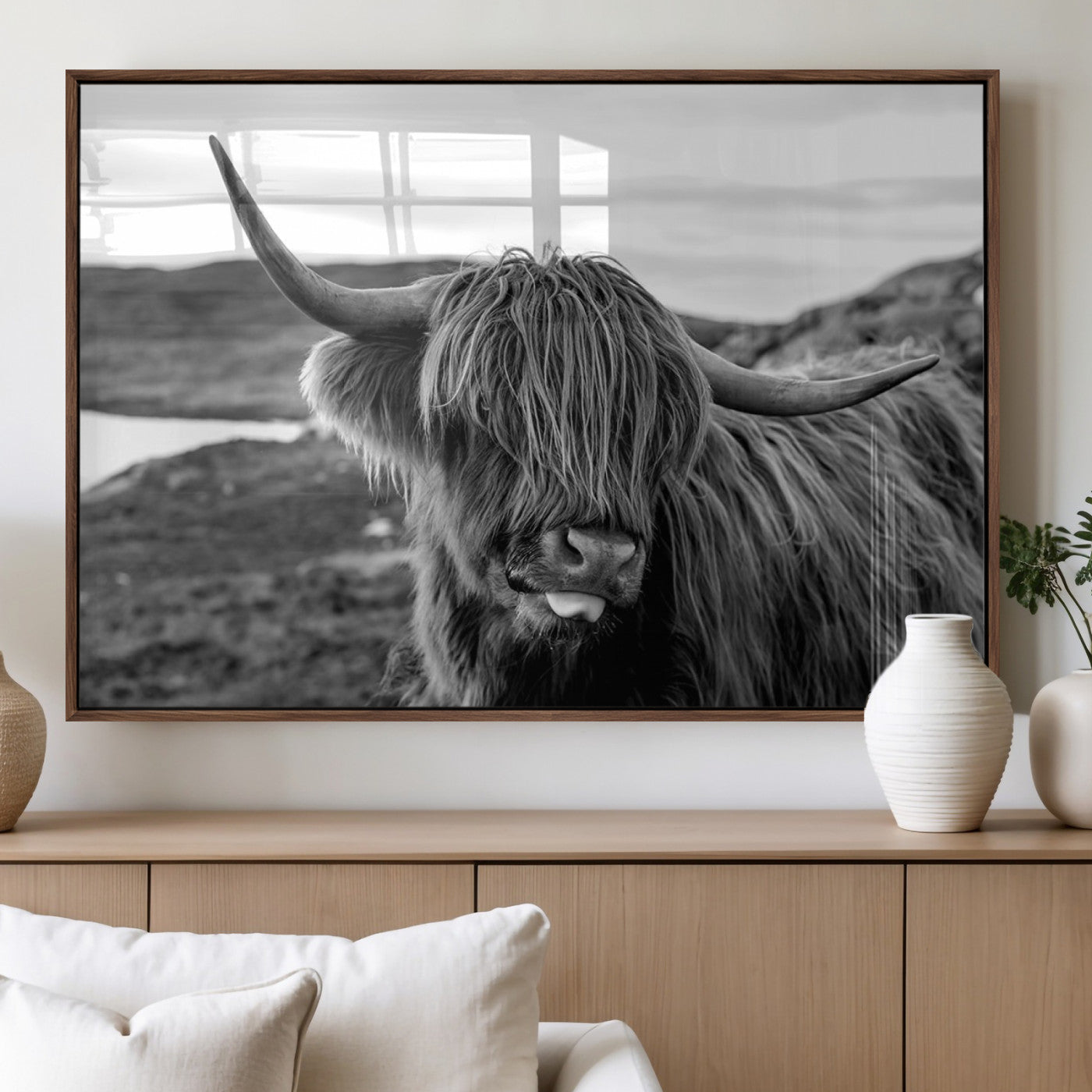 83810-MGV-FP-60X30-3P_Walnut-Highland Cow Wall Art – Black and White Highland Cattle Print, Rustic Farmhouse Animal Decor for Living Room