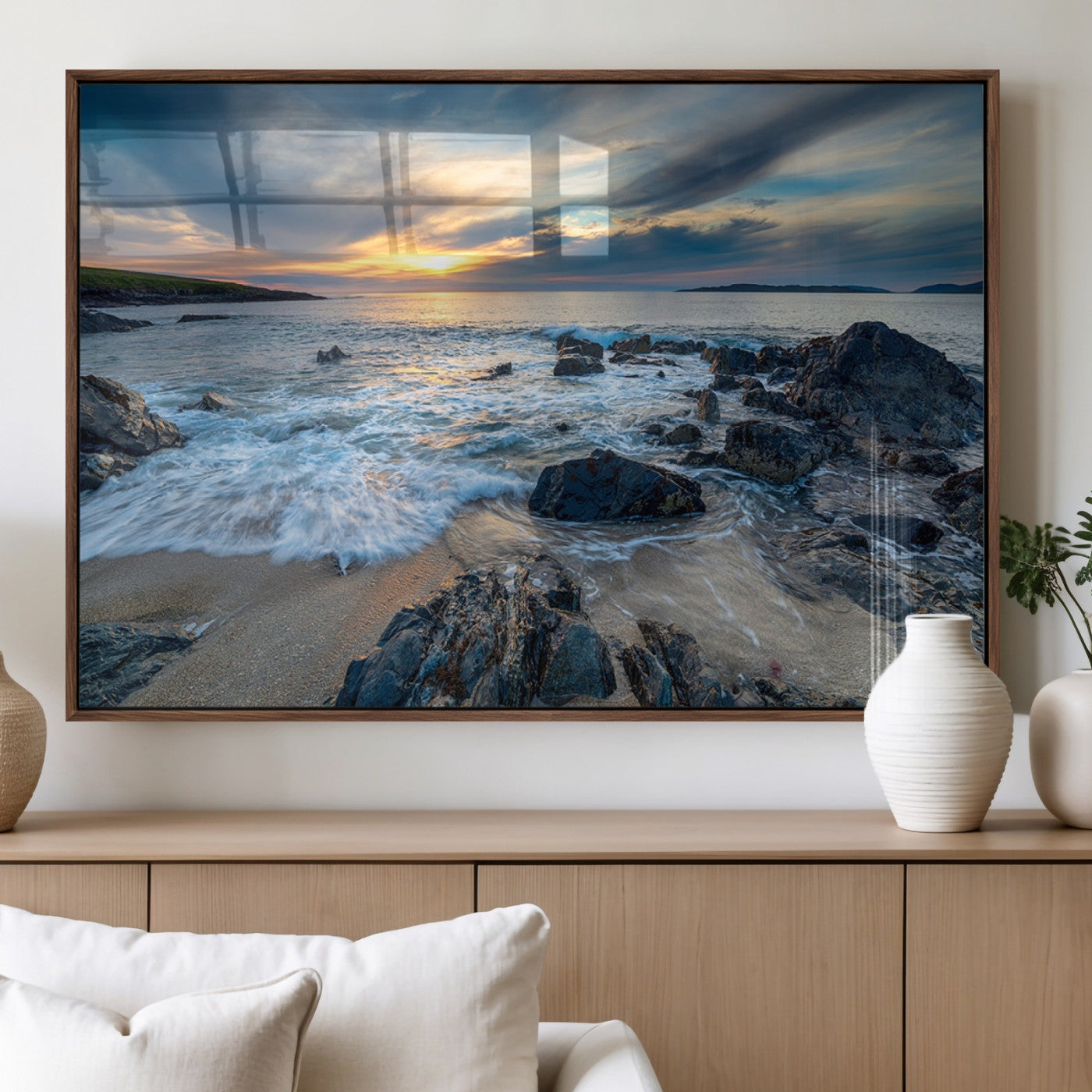 17902-MGV-FP-60X30-3P_Walnut-Rocky Shore Ocean Sunset Wall Art – Coastal Seascape Canvas Print, Nature Beach Decor for Living Room or Office