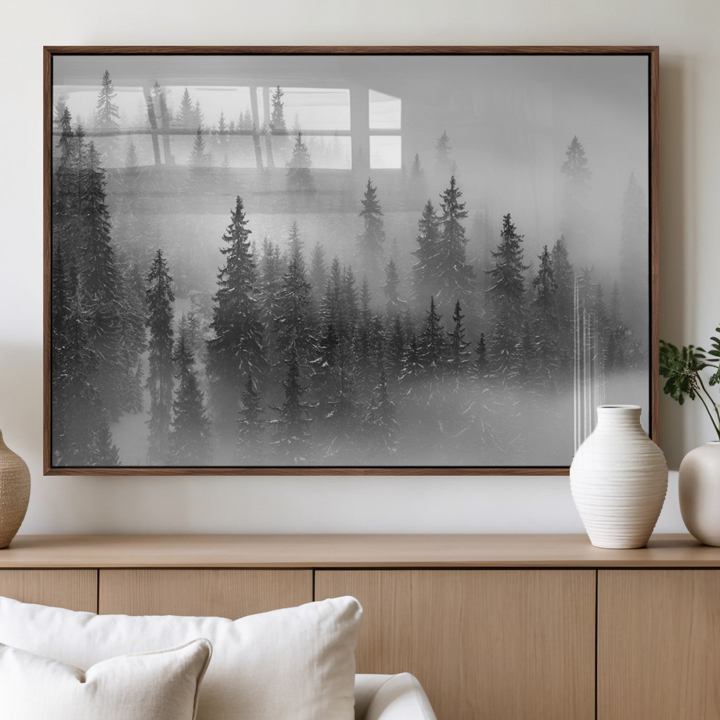 57235-MGV-FP-60X30-3P_Walnut-Misty Pine Forest Wall Art – Black and White Mountain Landscape Canvas Print, Nature Woodland Decor for Living Room, Bedroom or
