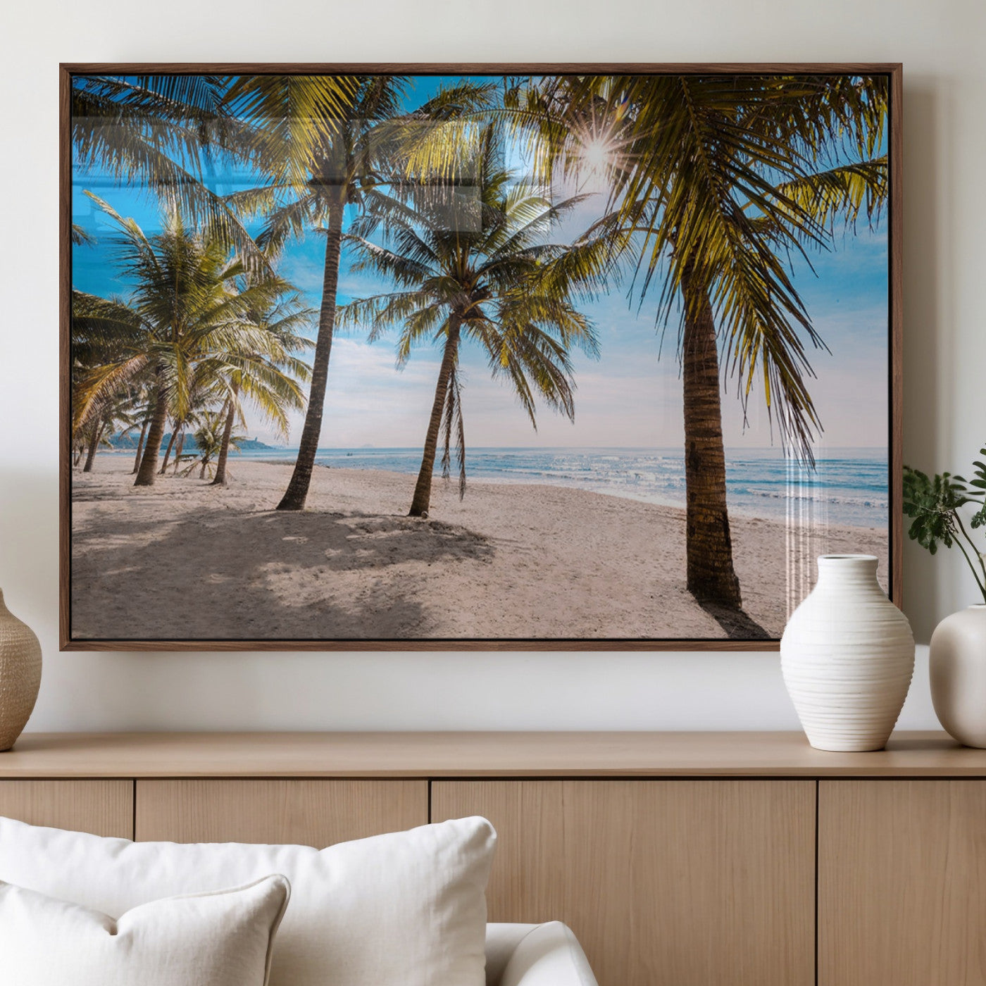 98175-MGV-FP-60X30-3P_Walnut-Tropical Palm Beach Wall Art – Relaxing Ocean Shore Canvas Print with Palm Trees, Coastal Summer Decor for Living Room, Bedroom or