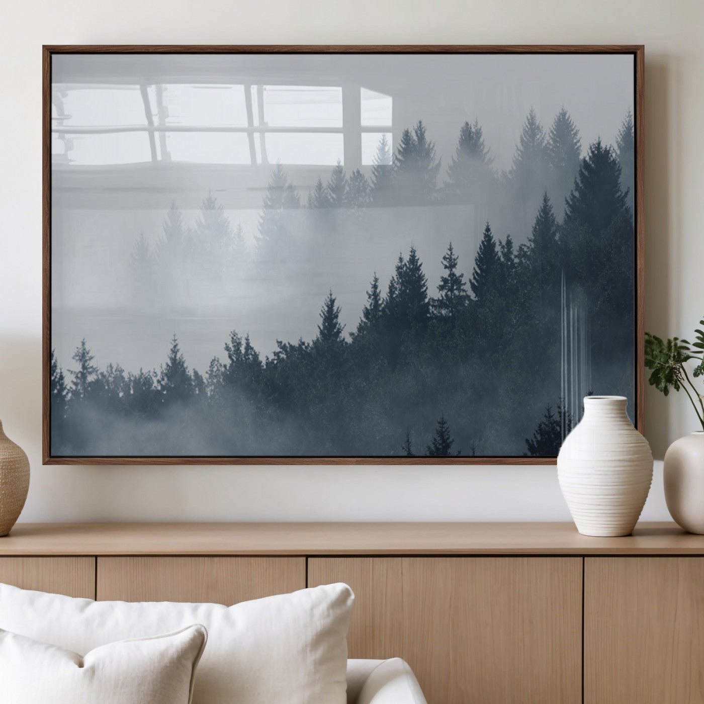 23671-MGV-FP-60X30-3P_Walnut-Misty Forest Wall Art – Serene Foggy Pine Trees Landscape Canvas Print, Tranquil Nature Decor for Living Room, Bedroom or Office