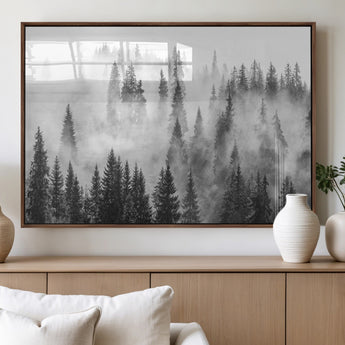 10422-MGV-FP-36X24-3P_Walnut-Misty Pine Forest Wall Art – Black and White Foggy Landscape Canvas Print, Serene Nature Woodland Decor for Bedroom, Office or