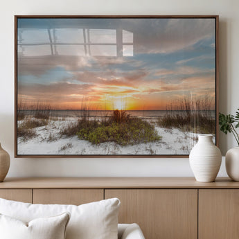 91064-MGV-FP-60X30-3P_Walnut-Beach Sunset Wall Art – Coastal Sand Dunes and Ocean Horizon Canvas Print, Seaside Landscape Wall Decor for Living Room, Bedroom