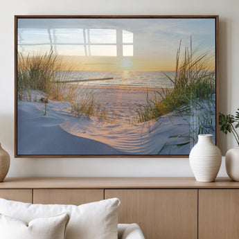 48907-MGV-FP-60X30-3P_Walnut-Beach Sunset Wall Art – Coastal Sand Dunes and Ocean View Canvas Print, Serene Seaside Landscape Painting for Living Room, Bedroom