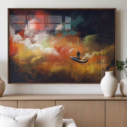 45085-MGV-FP-60X30-3P_Walnut-Surreal Cosmic Wall Art – Abstract Galaxy Dreamscape Canvas Print with Man and Dog in Boat, Fantasy Nebula Painting for Living