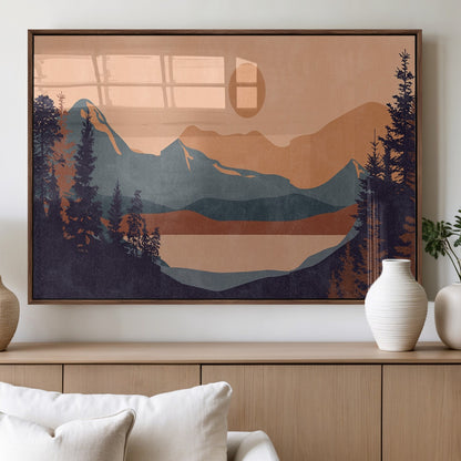 62795-MGV-FP-36X24-3P_Walnut-Minimalist Mountain Landscape Wall Art – Abstract Sunset Over Peaks and Pine Trees Canvas Print, Modern Nature Decor for Living