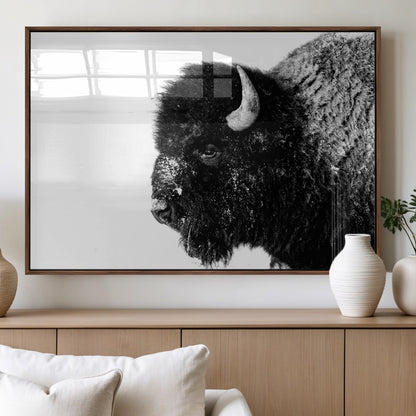 68780-MGV-FP-36X24-3P_Walnut-Bison Close-Up Wall Art – Black and White Buffalo Canvas Print, Rustic Wildlife Photography Decor for Living Room, Office, or