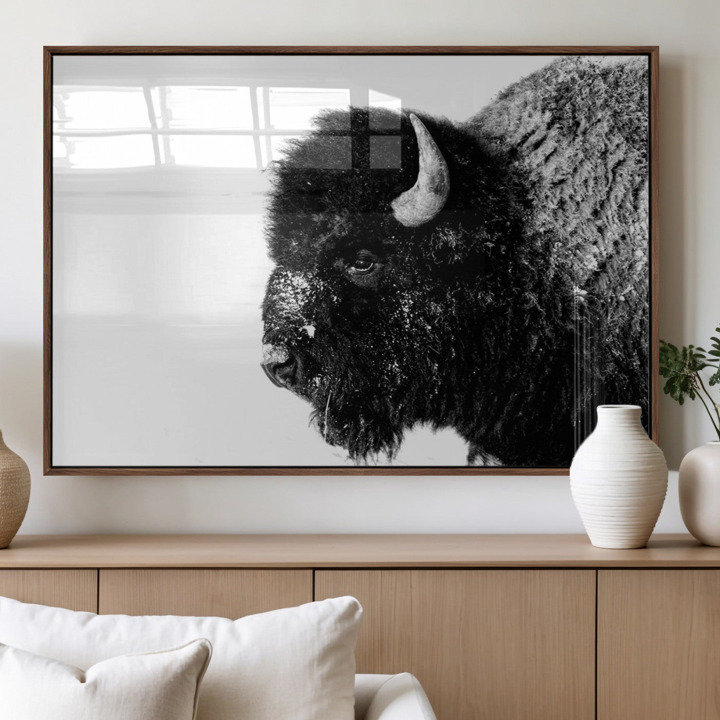 68780-MGV-FP-60X30-3P_Walnut-Bison Close-Up Wall Art – Black and White Buffalo Canvas Print, Rustic Wildlife Photography Decor for Living Room, Office, or