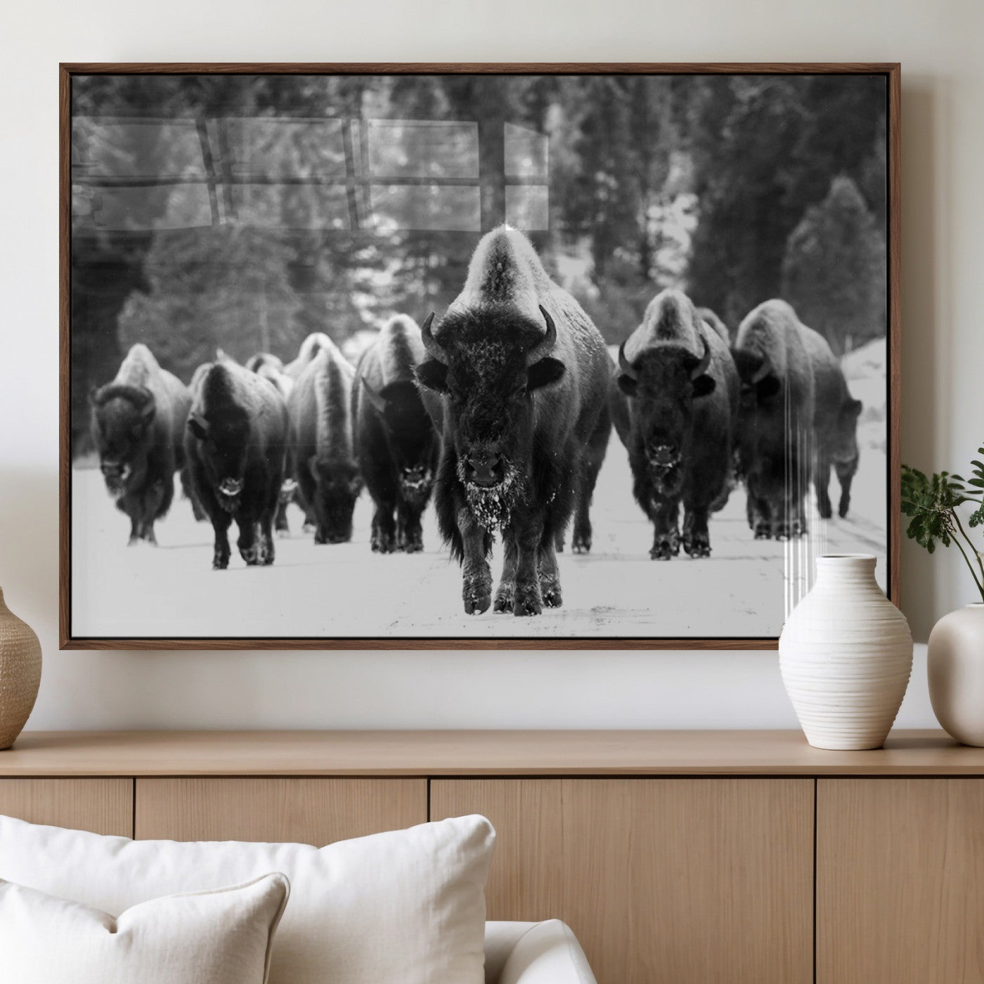 62434-MGV-FP-36X24-3P_Walnut-Bison Herd Wall Art – Majestic Black and White Buffalo Canvas Print, Wildlife Nature Photography Decor for Living Room, Office or