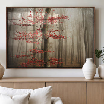 61855-MGV-FP-60X30-3P_Walnut-Misty Forest Wall Art – Red Tree with Autumn Leaves Canvas Print, Moody Woodland Nature Decor for Living Room, Bedroom, or Office