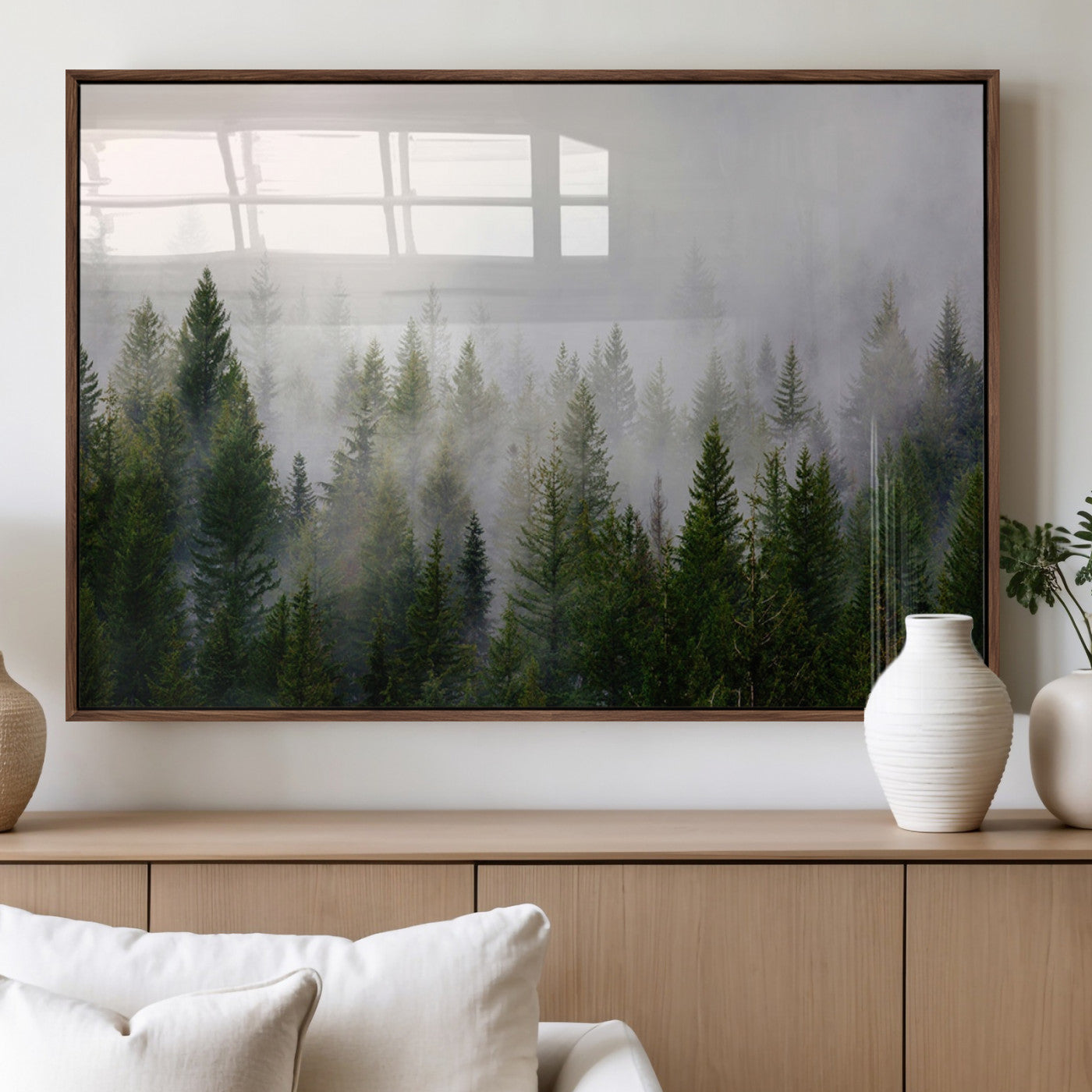 11436-MGV-FP-60X30-3P_Walnut-Misty Forest Wall Art – Tranquil Evergreen Tree Canvas Print with Foggy Landscape, Nature Inspired Artwork for Bedroom, Living