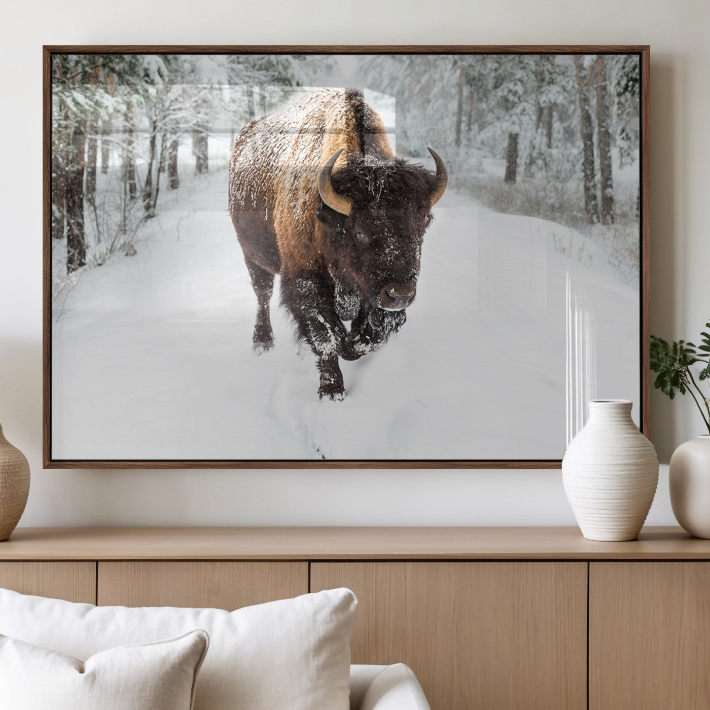 84699-MGV-FP-36X24-3P_Walnut-Bison in Winter Wall Art – Majestic Buffalo Canvas Print with Snowy Forest Landscape, Rustic Wildlife Artwork for Cabin, Living