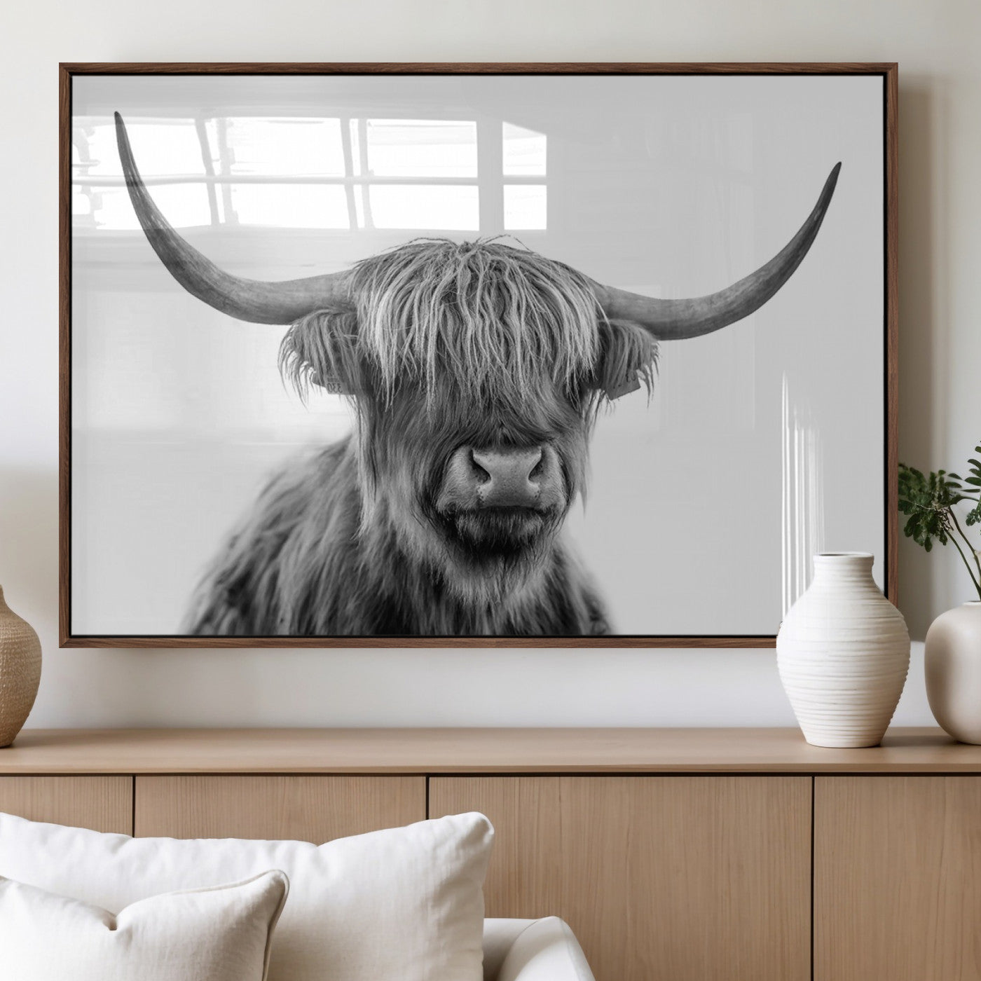 10123-MGV-FP-60X30-3P_Walnut-Black and White Highland Cow Wall Art – Modern Farmhouse Animal Print, Rustic Scottish Bull Canvas Decor for Living Room, Bedroom,