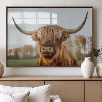 64824-MGV-FP-60X30-3P_Walnut-Highland Cow Wall Art – Rustic Scottish Bull Canvas Print, Farmhouse Animal Decor for Living Room, Bedroom, Office or Cabin