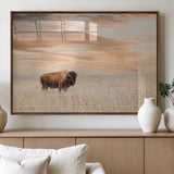 99699-MGV-FP-60X30-3P_Walnut-Bison in Prairie at Sunset – Wildlife Photography Print, American Buffalo Wall Art, Nature Landscape Canvas Decor for Office