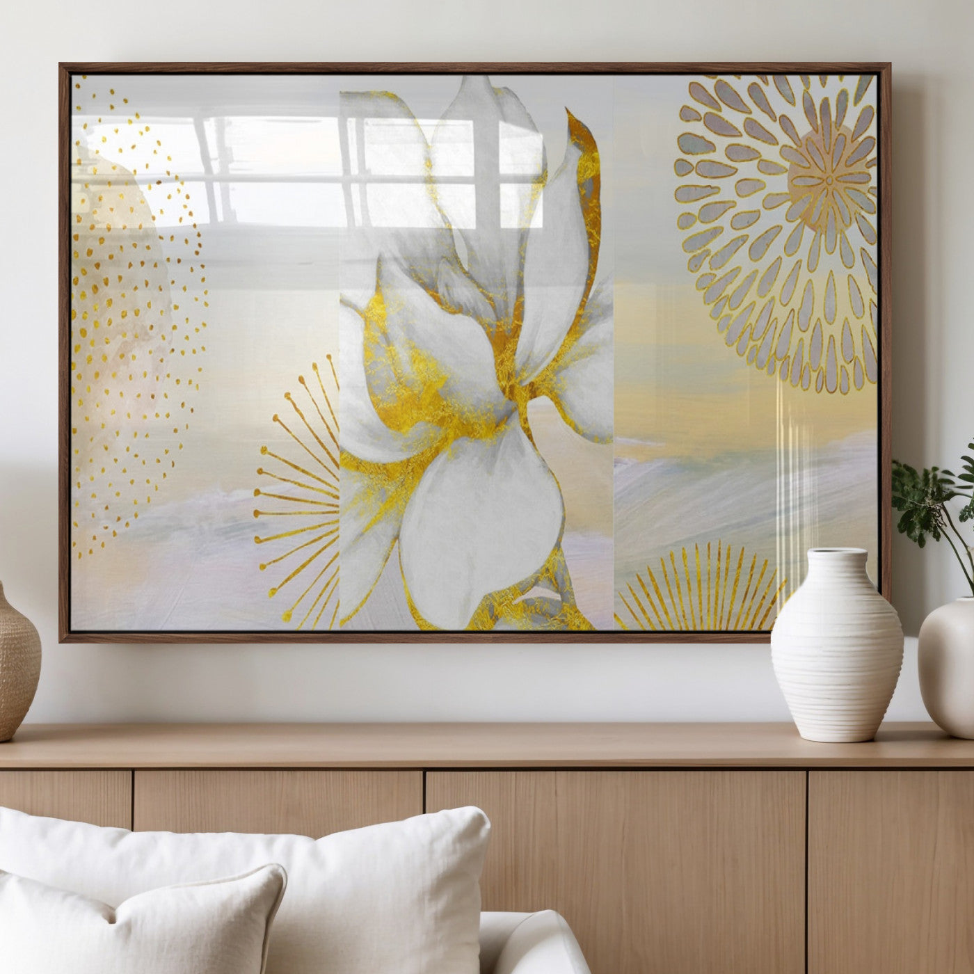 82301-MGV-FP-36X24-3P_Walnut-Modern Floral Wall Art – White Flower with Gold Detailing Canvas Print, Elegant Abstract Artwork for Living Room, Bedroom, or