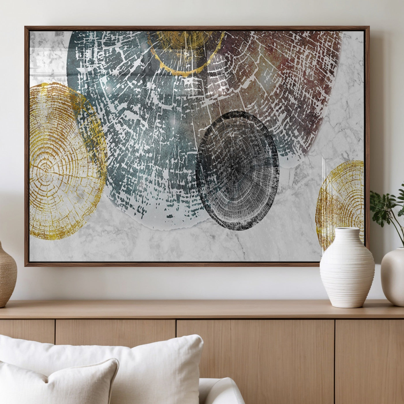 70653-MGV-FP-36X24-3P_Walnut-Abstract Tree Ring Wall Art – Modern Rustic Wood Slice Canvas Print with Gold Accents, Contemporary Nature Decor for Living Room,