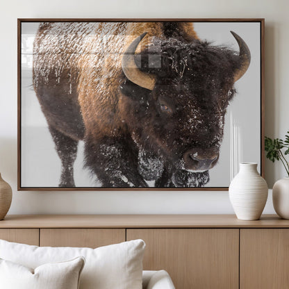 65605-MGV-FP-60X30-3P_Walnut-Snow Bison Wall Art – Close Up Buffalo Canvas Print, Rustic Western Wildlife Photography, Farmhouse Cabin Lodge Decor for Living