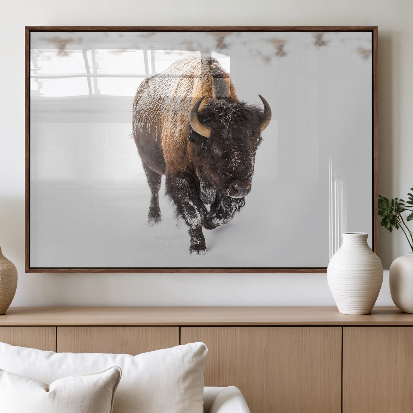 19889-MGV-FP-60X30-3P_Walnut-Snow Bison Wall Art – Majestic Buffalo Winter Landscape Canvas Print, Rustic Wildlife Photography Decor for Cabin, Lodge, Living