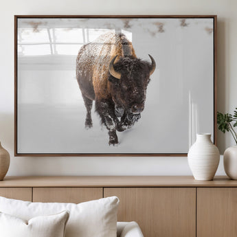 19889-MGV-FP-60X30-3P_Walnut-Snow Bison Wall Art – Majestic Buffalo Winter Landscape Canvas Print, Rustic Wildlife Photography Decor for Cabin, Lodge, Living