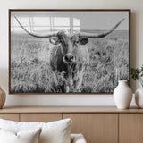 77320-MGV-FP-60X30-3P_Walnut-Texas Longhorn Wall Art – Black and White Western Cattle Canvas Print, Rustic Farmhouse Animal Photography Decor for Living Room,