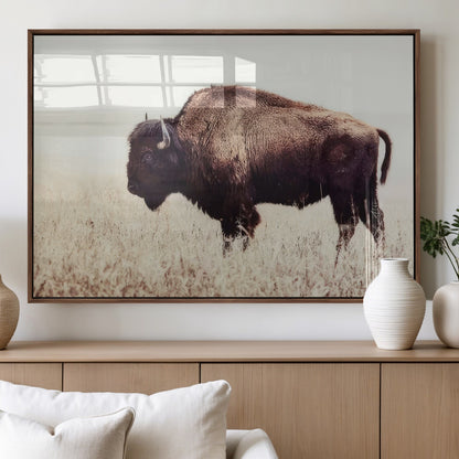 48406-MGV-FP-60X30-3P_Walnut-American Bison Wall Art – Rustic Buffalo Canvas Print in Prairie Field, Western Wildlife Photography Decor for Cabin, Lodge,