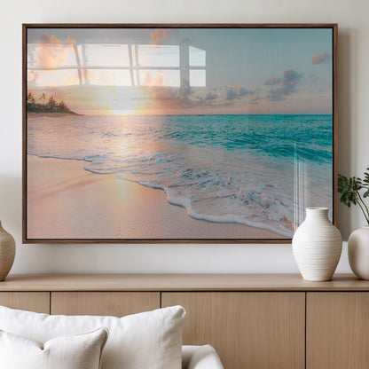 36554-MGV-FP-60X30-3P_Walnut-Tropical Beach Sunset Wall Art – Ocean Waves and Palm Canvas Print, Coastal Seascape Photography Decor for Living Room, Bedroom,