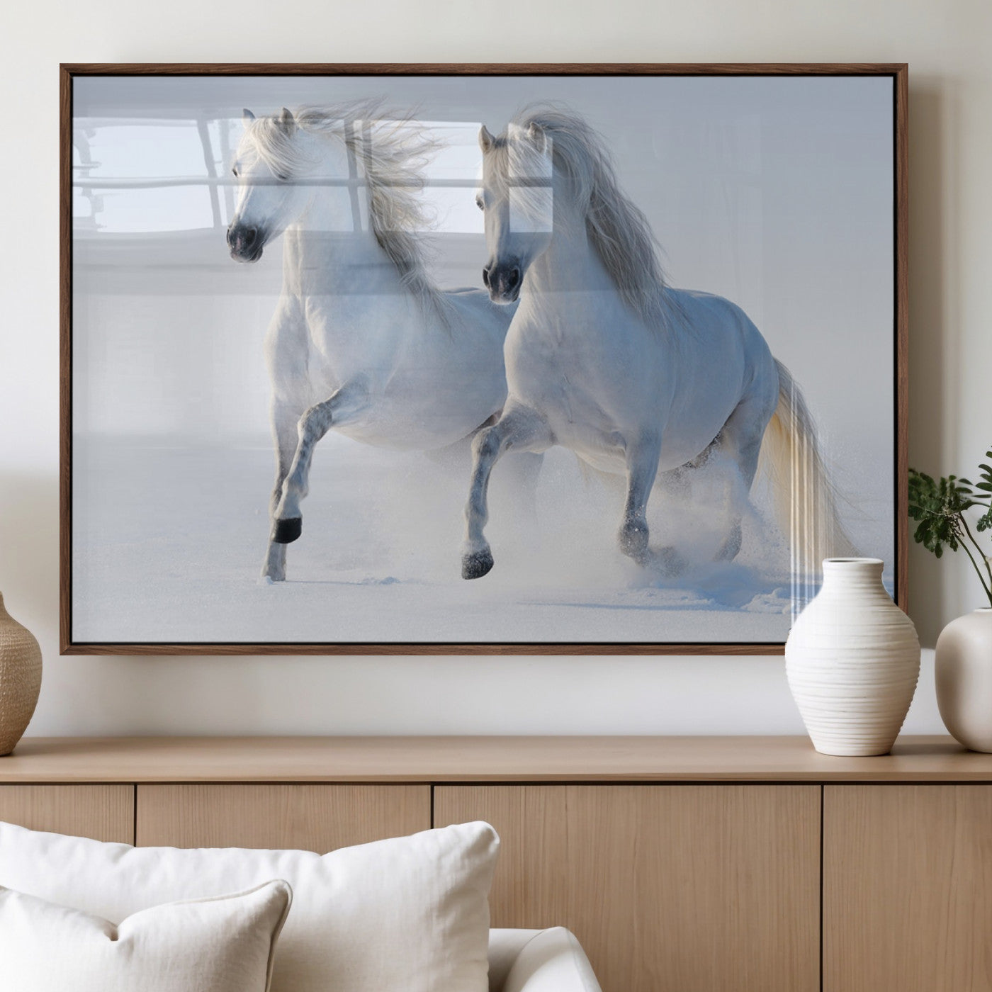 80145-MGV-FP-60X30-3P_Walnut-White Horses Running Snow Wall Art – Majestic Equine Canvas Print, Winter Nature Photography Decor for Living Room, Office,